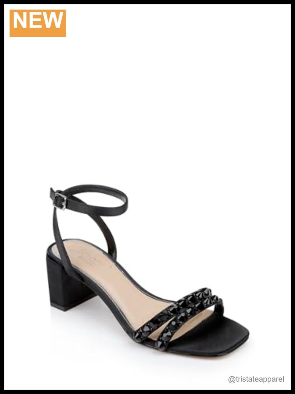 Block Heels with Gemstone-Studded Ankle Straps, Faux Leather, Formal Evening